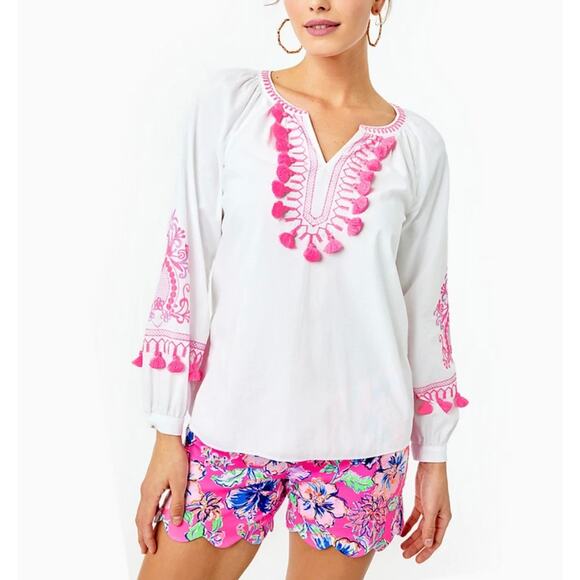 Lilly Pulitzer Tops - NWOT Lilly Pulitzer Kaydence Tunic Top Resort White Pink Tassel Trim Size XXS